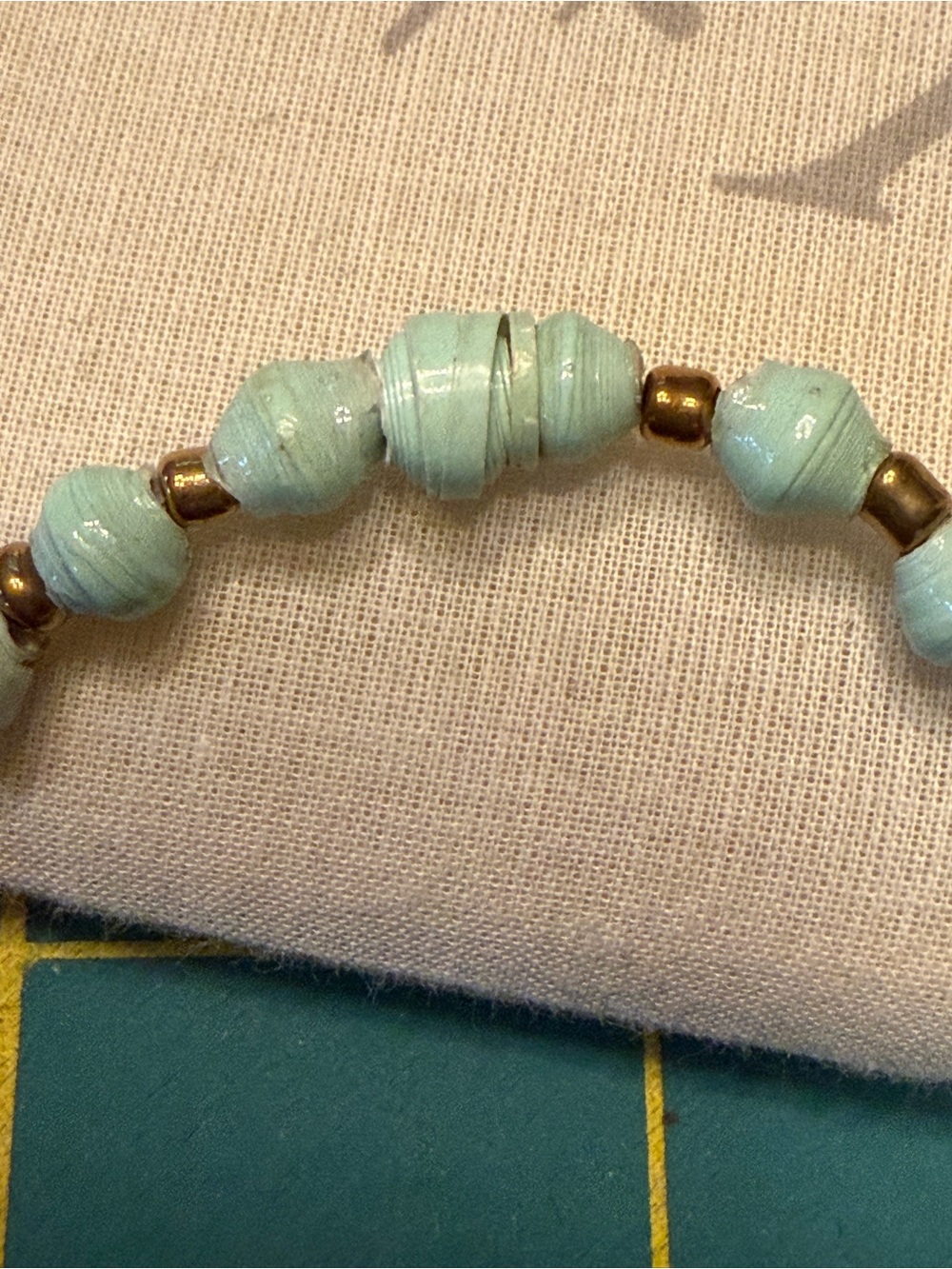 Paper Bead Multi Strand Necklace Blue,Pink, Green,WhiteSparkle Antique Gold Bead - Picture 6 of 6